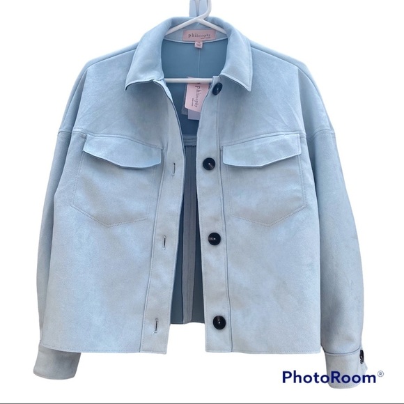 Philosophy Jackets & Blazers - PHILOSOPHY Pastel Blue Cropped Faux Leather Shacket